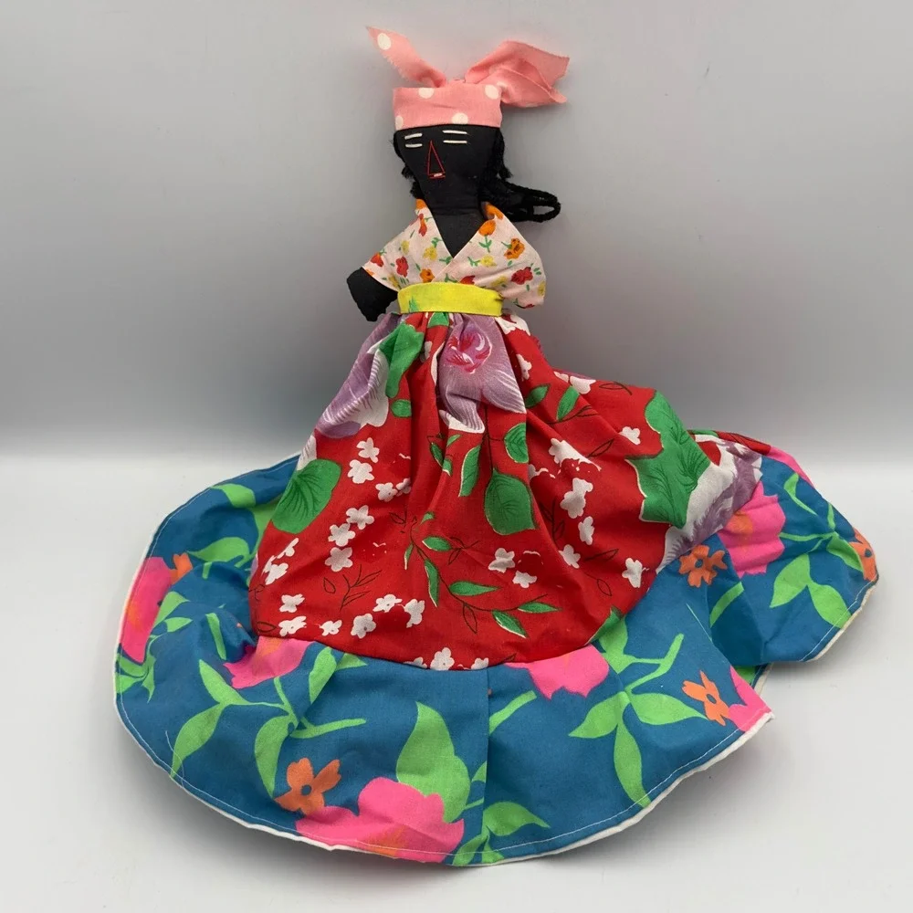 Vintage Handmade‎ Topsy Turvy Reversible Cloth Doll Floral Orange Folk Art 11